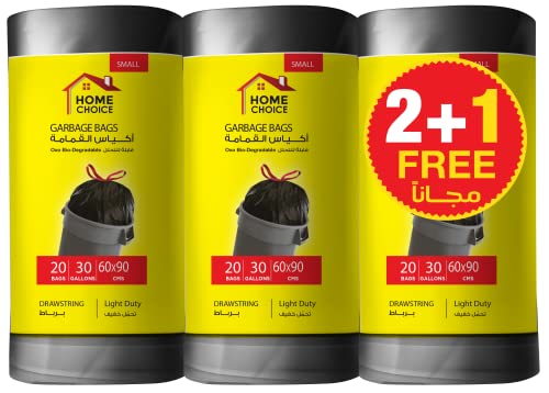 Home Choice 30 Gallons Drawstring Pack of 3 Black 60 Garbage Bags Size 60x90 cm Trash Bags Bin Liner Waste Bags for Indoor and Outdoor Purposes