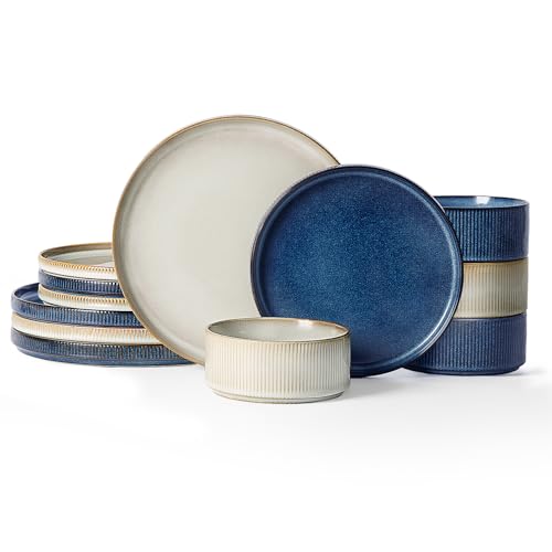 Image of Famiware Star 12-Piece Stoneware Dinnerware Sets for 4, Modern Rustic Dishes for Everyday & Formal Use, Reactive Glaze Plates and Bowls, Chip /Scratch Resistant, Microwave /Dishwasher Safe, White & Blue