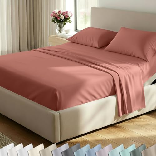 Image of California Design Den Split King Cotton Sheets Set - Luxury 600 Thread Count, 100% Cotton Sateen, Split King Sheet Sets, Deep Pockets, Soft and Durable Bedding - Terracotta