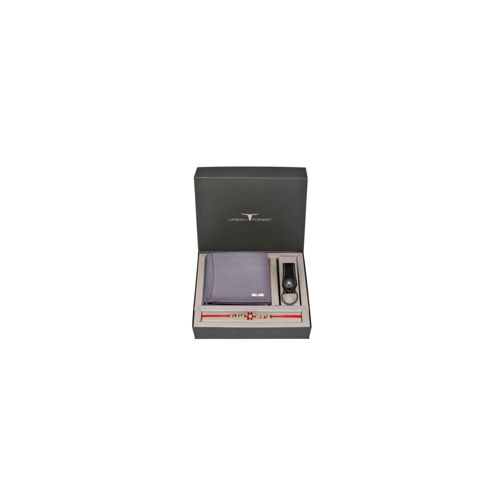 Rakhi Gift Hamper for Brother - Classic Light Grey RFID Blocking Leather Wallet, Keychain & Rakhi Combo Gift Box - 4768-image-39