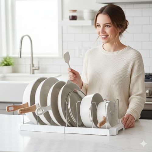 Image of STAR WORK Expandable Pull-Out Pan & Pot Organizer Pan Dish Rack Stand Organizer for Cabinet Kitchen Cabinet Cookware Baking Frying Rack (WHITE)