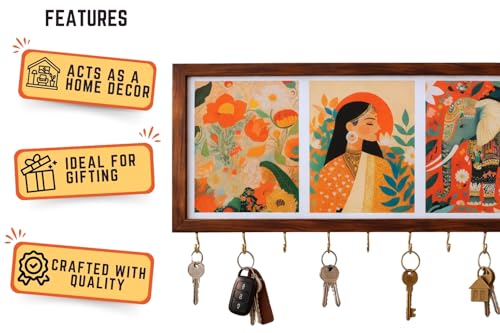 Image of Elephant Metal Key Hanger Without Drill| |Wall-Mounted Key Rack with 7 Hooks | Home Decor Organizer | Stylish Keychain Holder for Home & Office |No Drilling (Indian Art Wooden Key Holder)