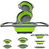 EigPluy Faltbarer Seiher,Küche Silikon Klappbar Sieb über die Spüle, Zusammenklappbar Küchensieb mit Ausziehbaren Griffen zum Abtropfen von Nudeln, Vegtable,Obst (3 Stück)