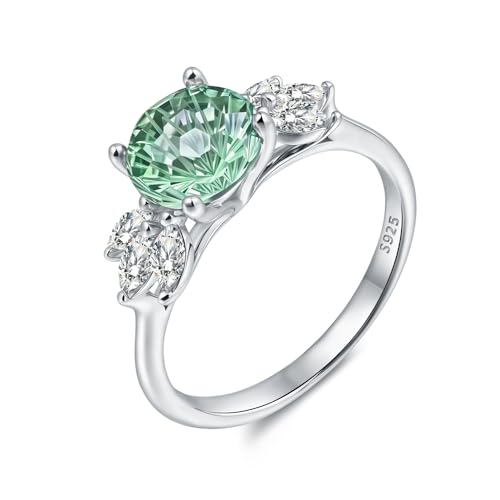 925 Sterling Silver Ring with Fireworks Cut Green Zircon, Zircon Accent Stones, 0.315 in Main Stone, Electroplated Wedding Engagement Ring, Gift for Women