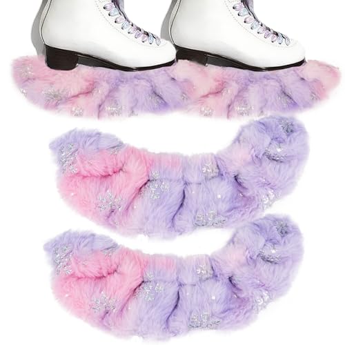 RidingRush Figure Skating Blade Guards - Soft Plush Fur with Snowflake Sequins Stretchable Design Bamboo Fiber Lining Fits Most Skate in Pink-Purple