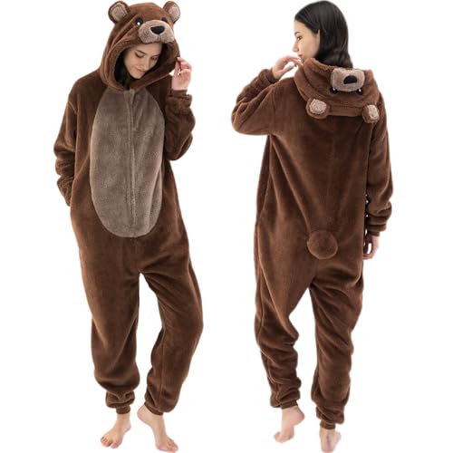 AILMQYJL Snug Fit Unisex Adult Onesie Pajamas Sherpa Bear Cosplay One Piece Halloween Costume hooded Sleepwear Homewear