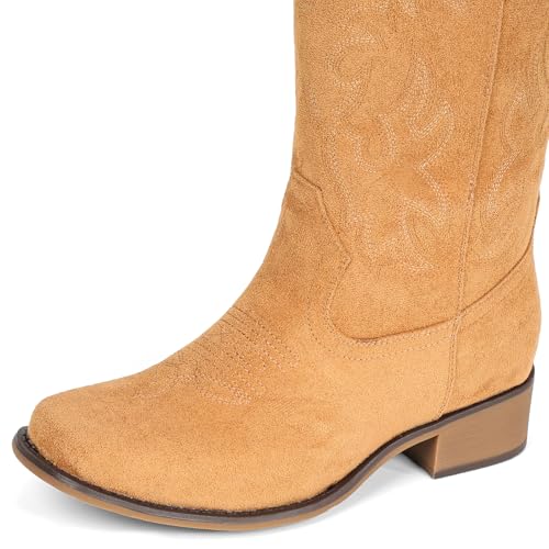 Image of IUV Cowboy Boots For Women Square Toe Wide Mid Calf Western Pull On Suede Fashion Black Brown Cowgirl Boots