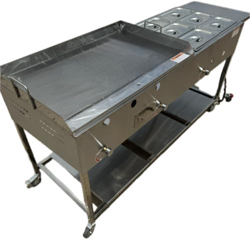 36” x 22” Griddle Flat Top Food Taco Cart w/ 6 Pan Steam Table Food Warmer | 1/4" Thick Griddle | 1/3 Size Pans | Propane | Commercial Stainless Steel | Events, Catering, Street Food | Portable