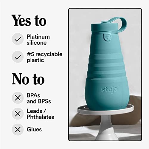 STOJO Collapsible Bottle - 20oz / 592ml - Reusable & Leakproof Silicone Travel Water Bottle for Sport, School, & Everyday Use - Screw-Top Cap - Portable - Dishwasher Safe - Eucalyptus