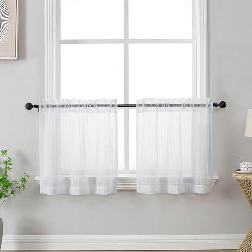 OWENIE White Striped Cafe Curtains - 24 Inch Length Kitchen Curtains Tiers 2 Panels Set, Light Filtering Textured Short Semi Sheer Curtain for Bedroom Bathroom Basement Small Window, 2 Pcs Each 30" W