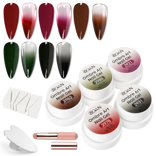 BQAN Patting Gel Polish Kit - Pro Ombre 5 Color Gradient Set with Sponges, Silicone Brush & Palette for French Aura Manicure Salon-Quality DIY Nail Art (Red Black Green Brown)
