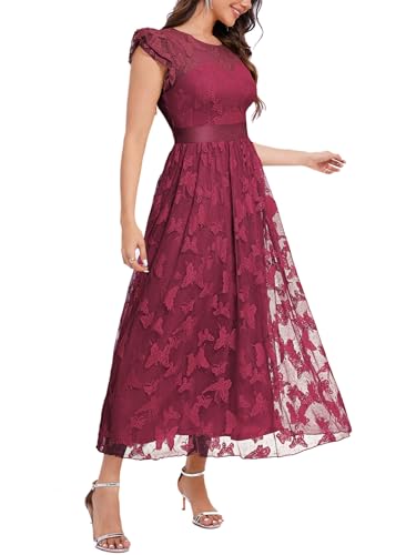Image of Women's Casual Tulle Midi Dress Ruffle Sleeve Crewneck Lace Flowy Dresses Party Wedding Guest Sundress