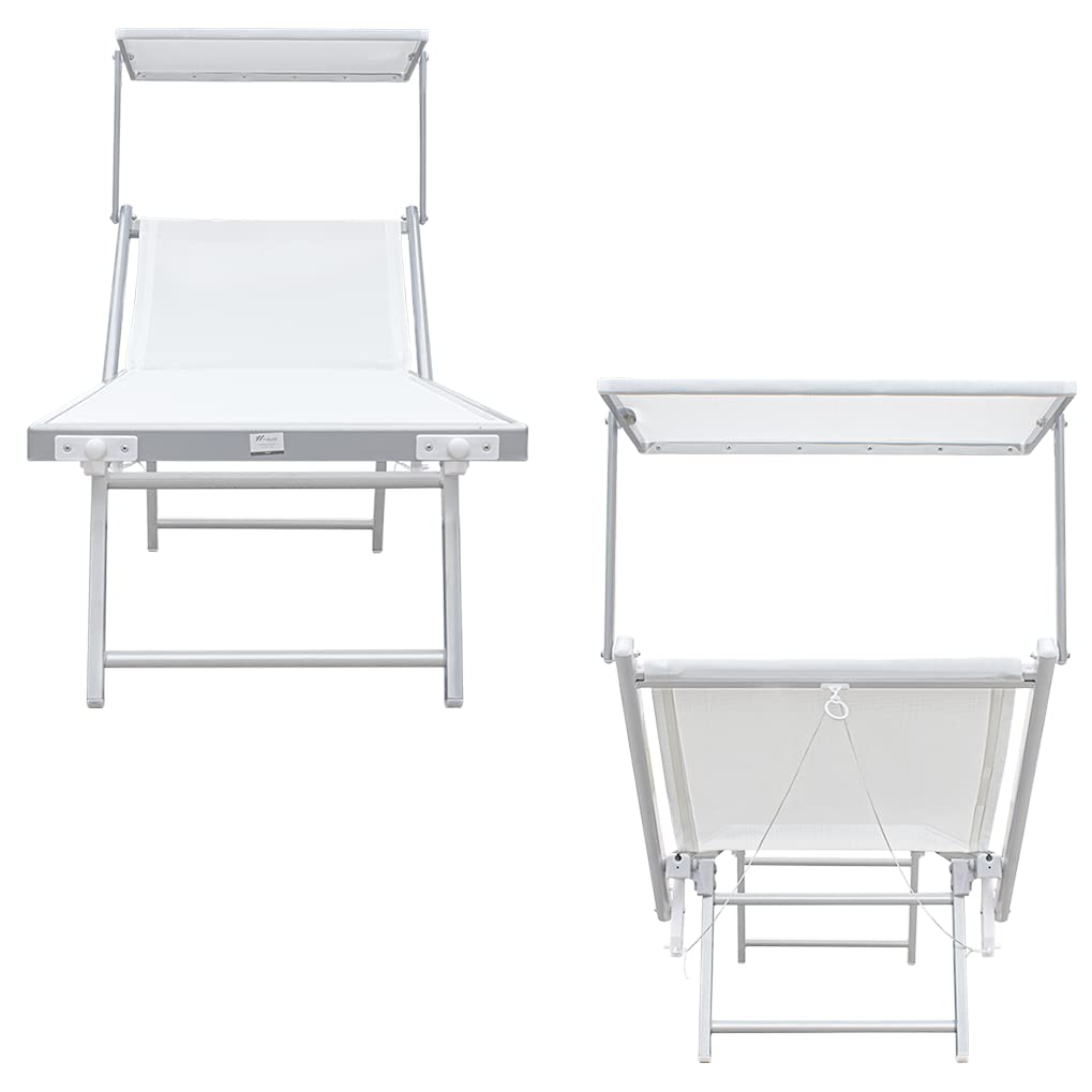 Mediawave Store - Lettino Prendisole Mare, Lettino LUXURIOUS con Parasole, Struttura Alluminio, lettino Mare Reclinabile, Giardino, Spiaggia, Piscina, Lettino Balneare 180X60X40 (Bianco)