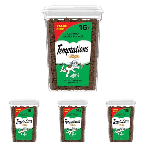 Image of Temptations Cat Treats, Classic Crunchy and Soft Cat Treats, Seafood Medley Flavor, 16 oz. Tub (Pack of 4)