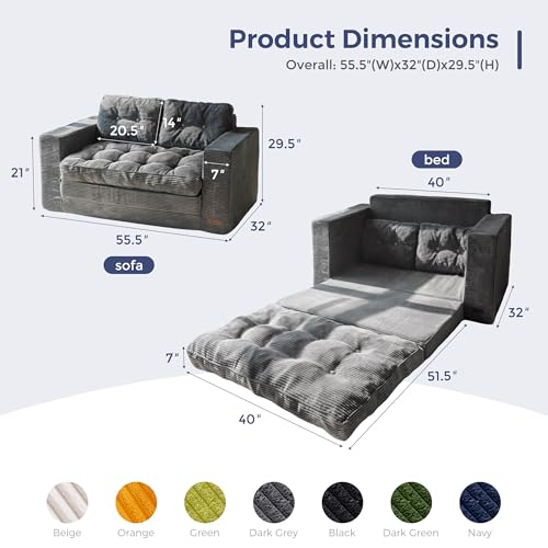 MAXYOYO Convertible Sofa Bed, Pull Out Loveseat Sleeper Sofa, 2 in 1 Folding Couch Bed, Fold Out Floor Couch with Pillows for Living Room Bedroom Lounge, Dark Grey