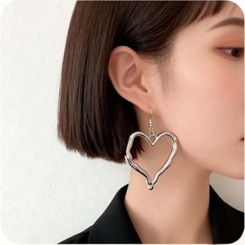 Silver Chunky Heart Earrings for Women Large Heart Earrings Minimalism Statement Heart Dangle Earrings Jewelry (Silver) by Vurotry - Image 4