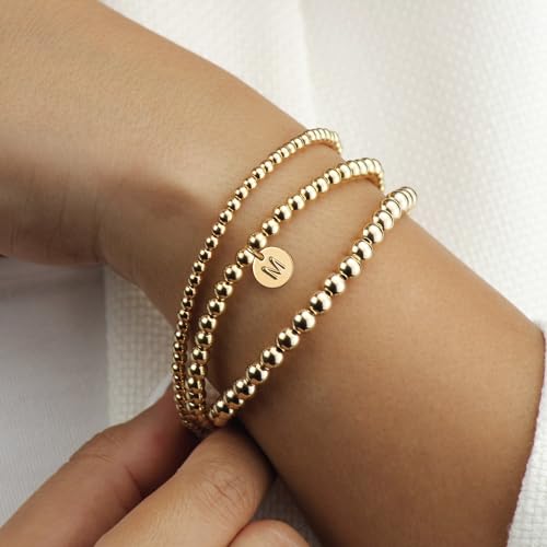 Turandoss Gold Bracelets for Women Gifts - Dainty 14K Gold Plated Stackable Beaded Bracelets for Women Trendy, Gold Beaded Stacking Monogram Bracelet, Gold Jewelry Gifts for Women3