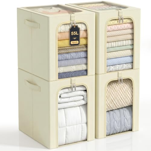 Image of GoMaihe Clothes Storage Bins with Metal Frame, 55L Blanket Storage Boxes for Above Shelf Closet, 4 Pack Stackable Clothing Storage Organizer with Clear Window for Bedding Sweaters Comforters - Beige