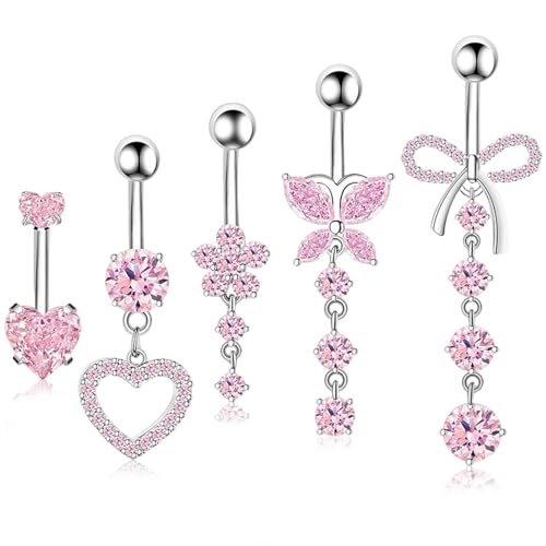 ZHITENG 5 Pièces Piercing Nombril Acier Chirurgical, Belly Button Rings Pendentif Long, Piercing Nombril Acier Inoxydable Comprend des Formes de Papillon, de Fleur et...