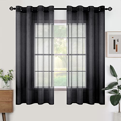 Woaboy Cortina Translúcida Fresca Transparente Poliéster Visillo Ventana Moderno Decorativo para Salón Habitación Dormitorio 2 Piezas 140x145cm Negro