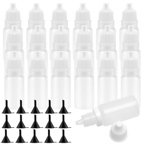 MAKTSAM 220 botellas con cuentagotas vacías de 10 ml, tapa blanca, transparente, exprimibles, con embudos, mini botellas de plástico con tapa giratoria para llenar disolventes, esencia, gotas para los