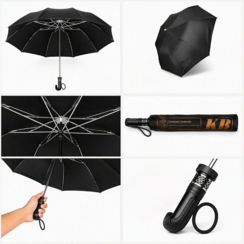 Image of Black Folding Umbrella, Windproof with J-Hook Handle