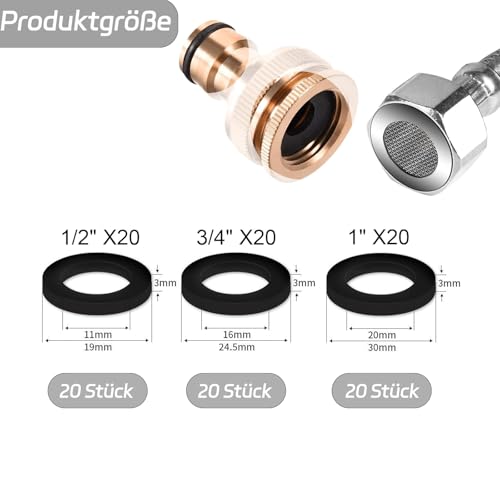 Dichtungen Sanitär,60 Stück Dichtungsringe Unterlegscheiben,Gummi Flachdichtung Set für Wasserrohr Dusche Schlauchköpfe Ersatz,Wasserhahn,Dichtung Duschkopf,Brauseschlauch,Flasche - 1, 1/2, 3/4