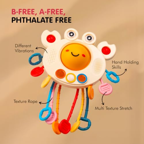 Image of Kidology Pull String Toy for Babies Teething Strings Sensory Montessori Toys Baby Girl,Travel Toy for 6+Months Boy Food Grade Silicone Fine Motor Skills Toy for Toddlers (Crab), Multicolor