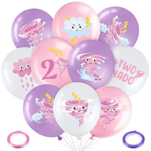 Image of Blosssound 45 Pcs Two Nado Birthday Party Decorations for Girls Two Nado Balloons Tornado Theme Balloon with Pink and Purple Ribbons Tornado 2nd Birthday Party Decor for Girl Kid Baby Shower Supplies