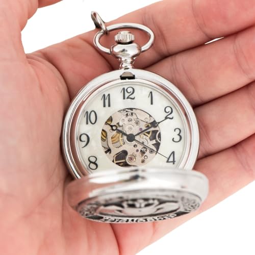 Image of Biddy Murphy Pocket Watch for Men, Traditional Irish Claddagh Pewter Cover, Stainless Steel Case, Classic Mechanical Hand Wind Up with Chain