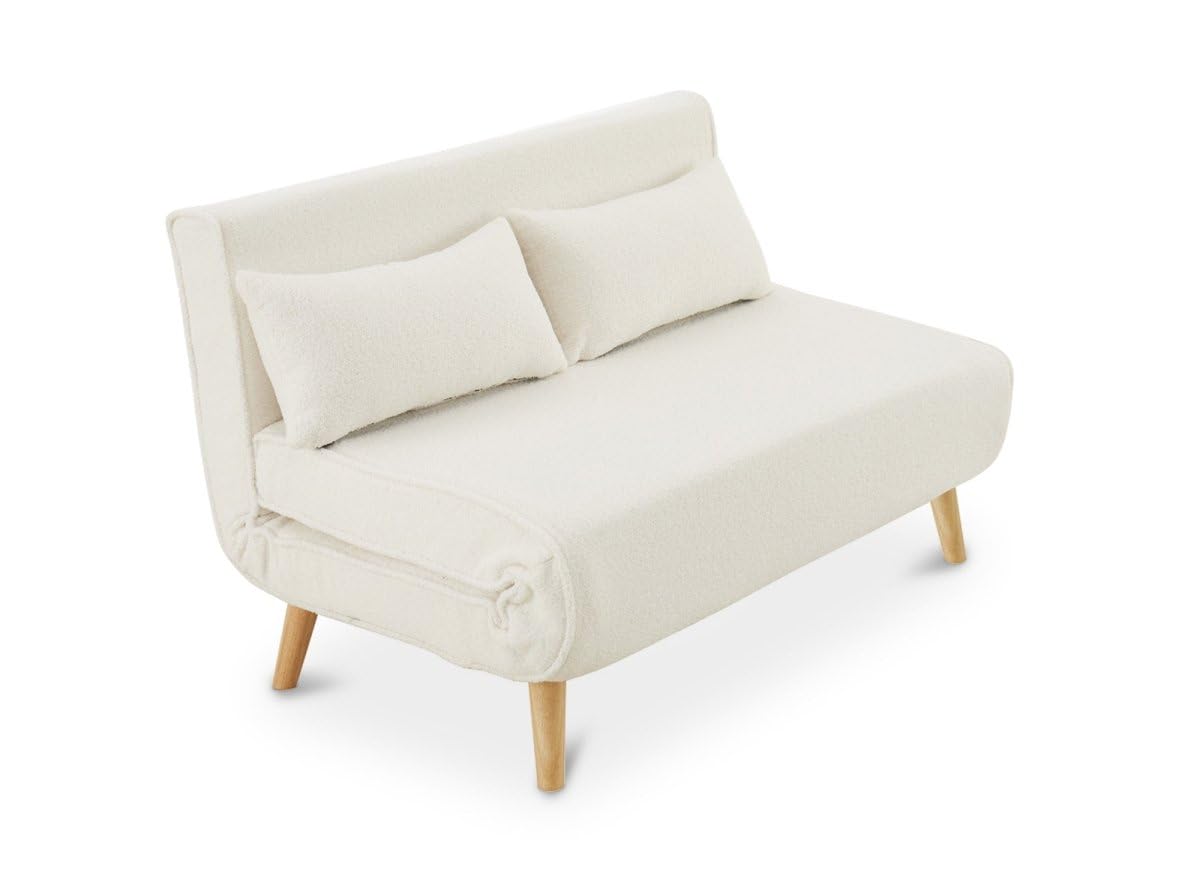 DecoInParis Banquette Convertible 2 Places en Tissu Effet Peau de Mouton Blanc écru Tonka