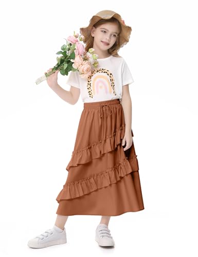 Image of Girls High Waisted Ruffle Maxi Skirt Soft Cotton Long Skirts with Elastic Waistband for Kid Girl 3-12 Years