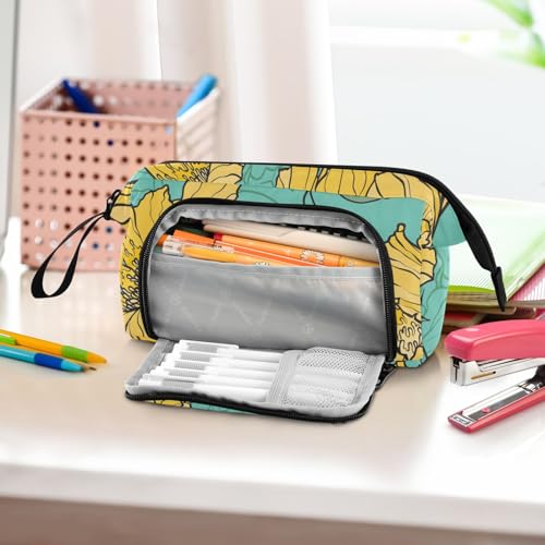 Image of Bolaz Big Capacity Pencil Pen Case Pouch Bag School College Office Organizer for Teens Girls Adults Student-Yellow Flower Pattern