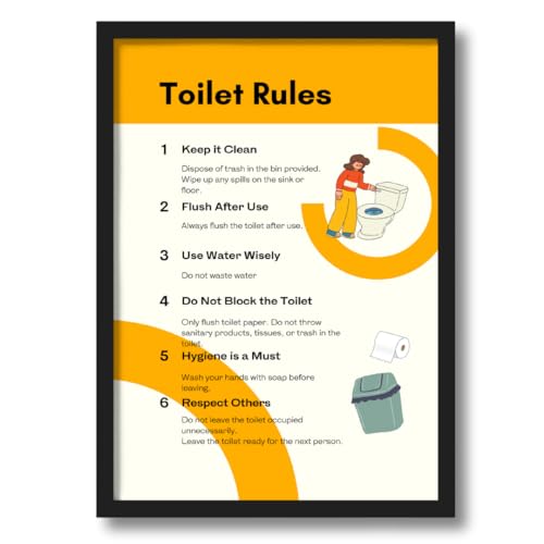Image of Toilet Rules Wall Frame Poster | Washroom Etiquette Decor for Home, Office | A4 Size | Framed Hygiene Sign | Useful Housewarming Gift for Cafe, Restaurants & Public Spaces