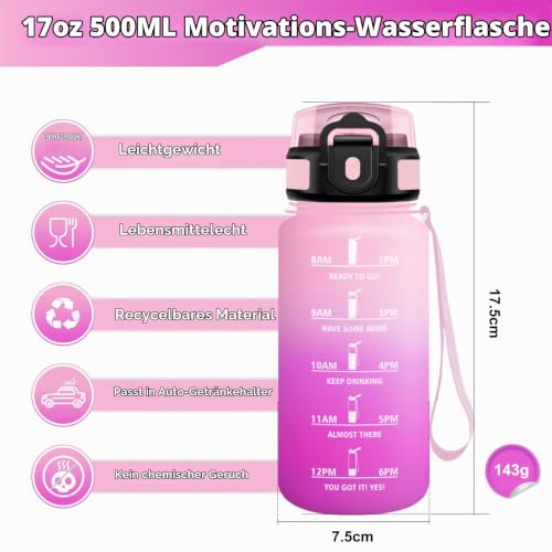 KollyKolla Trinkflasche 500ml, Sport Wasserflasche mit Strohhalm, Trinkflasche mit Zeitmarkierung, Auslaufsicher, Sportflasche für Gym… – Ansicht 5