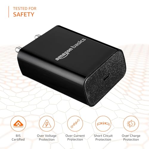 Image of Amazon Basics 25W Compact Wall Charger | Type-C Fast Charging Adapter for Samsung, Xiaomi Phones and iPhone (Black, Without Cable)