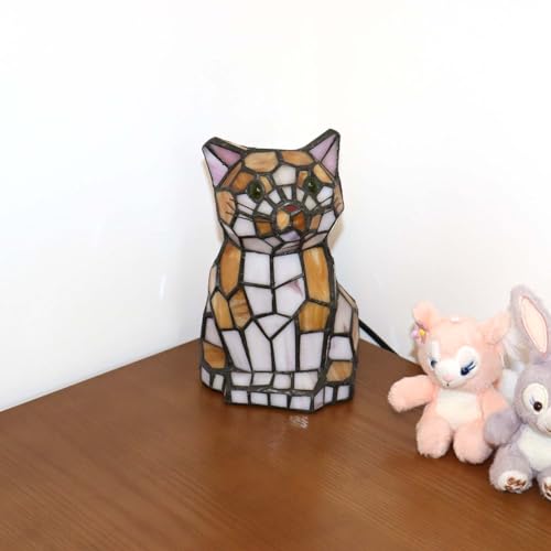 Bieye L10211 Cute Cat Waits for Someone to Play with Tiffany Style Stained Glass Accent Table Lamp Night Light for Home Decoration (One Cat, Yellow)