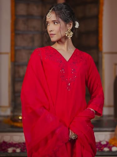 Image of INDO ERA Women's Embroidered Viscose Rayon Straight Kurta Pant with Dupatta Set