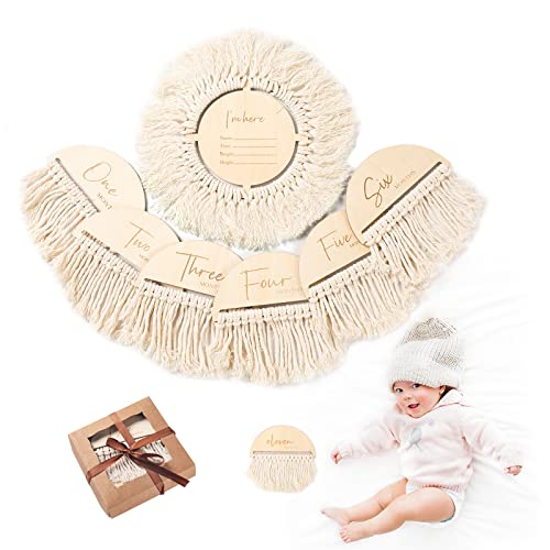 Image of Promise Babe 7pcs Baby Monthly Milestone Cards with Tassels Double-Sided Wooden Baby Milestone Signs Photo Props Set Room Nursery Decor