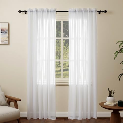 Pacok White Voile Curtains 90 Drop 2 Panels Rod Pocket W56xL90 Inch
