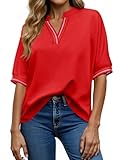Tankaneo Womens Oversized T Shirt Casual V Neck Half Sleeve Color Block Work Tops Loose Fit Tunic Tees Red