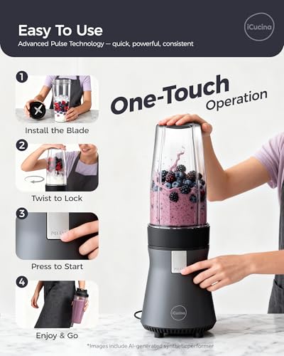 Image of iCucina Smoothie Blender, Personal Blender for Shakes and Smoothies, 700W Pulse Technology Single Serve Blenders with 2 x 28oz Protable Cups for Ice Crush, Frozen Fruit Drinks