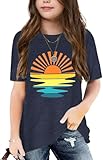 Summer Sun Graphic Tees for Girls Kids Sunshine Outdoor Tops Crewneck Short Sleeve T Shirt 5-14 Years Boys (616-Navy,L)