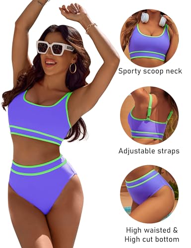 Image of BMJL Women's High Waisted Bikini Sets Sporty Two Piece Swimsuits Color Block Tummy Control Modest Bathing Suit