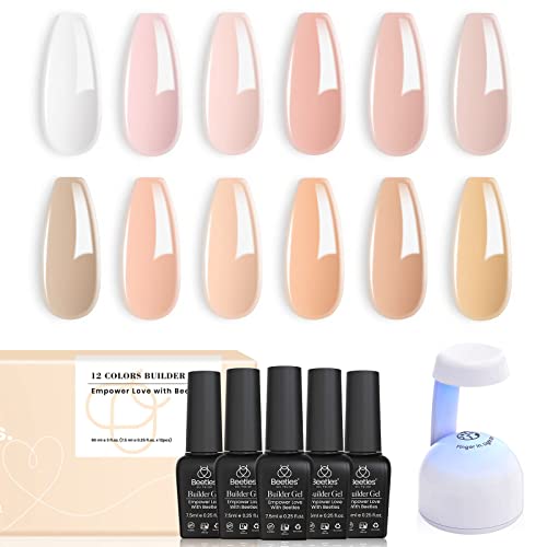 Beetles 12 Colors Builder Nail Gel Set for Christmas Nail Art, 5 in 1 Milky White Pink Nude Neutral Extension Gel Strengthener Gel Cover Gel Jelly Gel Hard Gel, Flash Curing Lamp