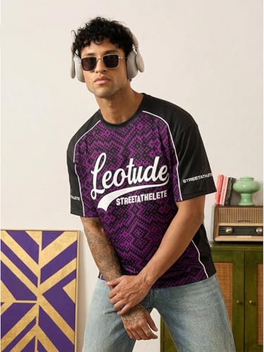 Image of LEOTUDE Oversized Sports T-Shirt for Men | Streetwear Printed Half Sleeve Round Neck Jersey Style Tee | Casual Gym & Athleisure Wear (Color:Purple)