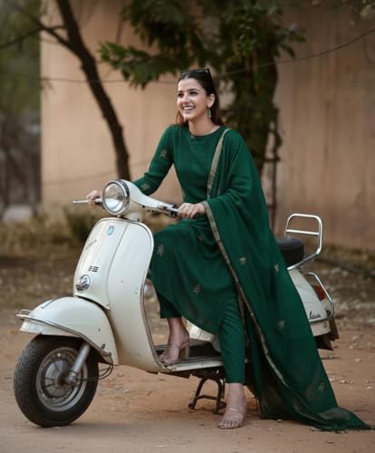 Image of GoSriKi Viscose Printed Straight Kurta with Pant and Dupatta for Women | Viscose Cream | 3 /4 Sleeve | High Neck | Ethnic Wear Casual Wear
