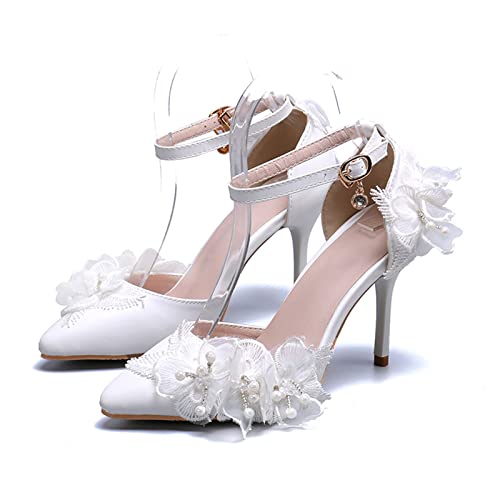 Brautschuhe Damen, 8Cm Kleid Spitz Stiletto Sandalen Spitze Blume Perle...