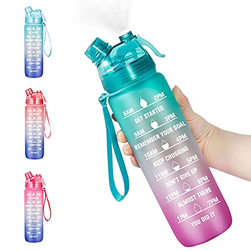 Bottle Bottle 32 oz Motivational Water Bottle with Time Marker - Water Bottle with Spray Mist Leakproof Drink Water Bottle for Office Gym Running Workout Outdoor Sport(Green Purple)