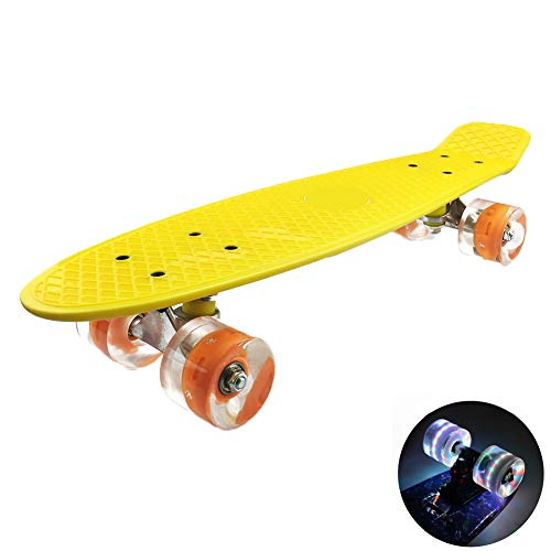 None branded Monopatín Completo, monopatín para niños Principiantes, Rueda de amortiguación antidesgaste LED, Adecuado para Adolescentes, niños, Principiantes,Amarillo